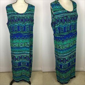 R&K Originals Maxi Tank Dress 18W Woman Plus Blue Green Striped Rayon Sleeveless